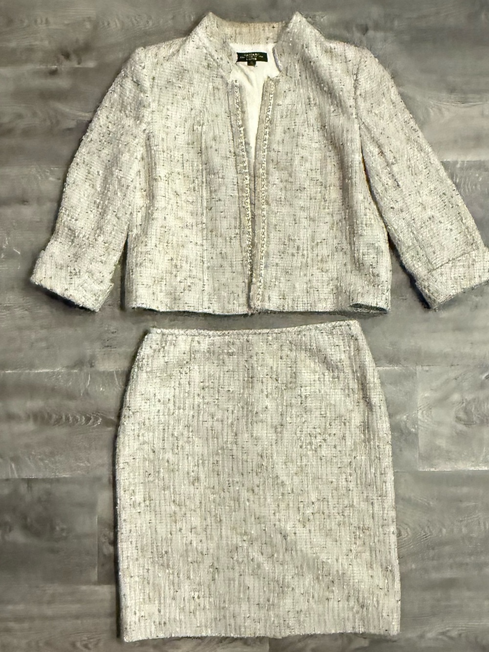 Tahari Luxe Metallic Tweed Skirt Suit–Pearl Detail Jacket (14)  & Skirt (8) Set